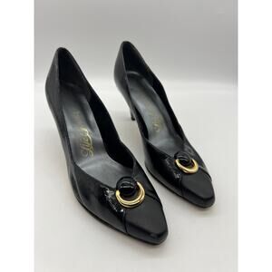 Life Stride Black Textured‎ Pumps Gold Buckle Detail Size 7B Heels